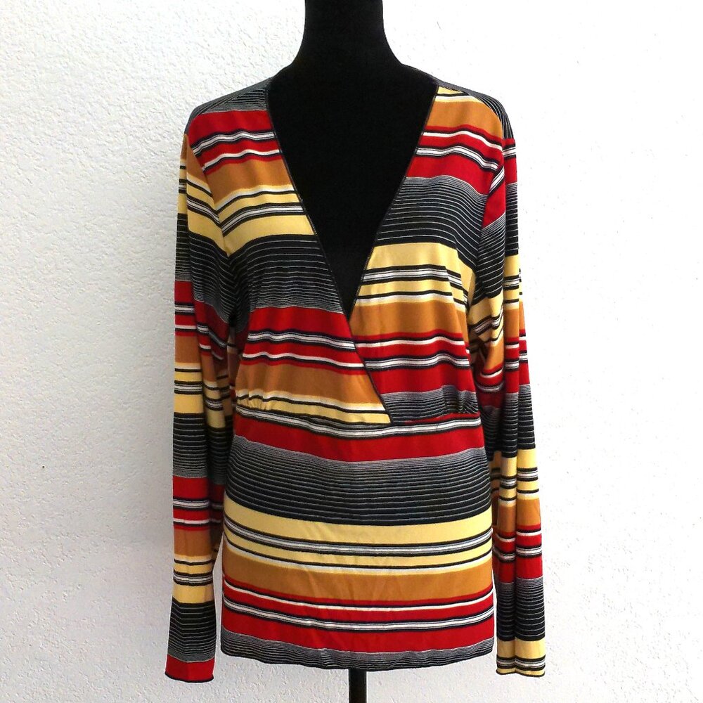 Emi & Joe, Red/black/yellow stripes V-neck long sleeves shirt
